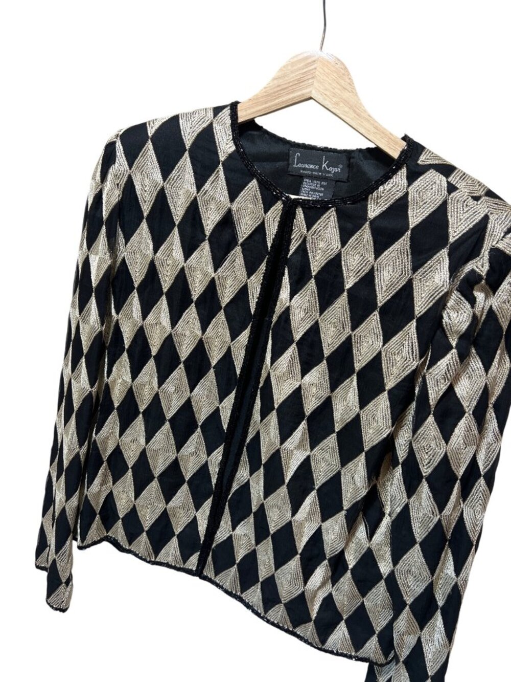 Laurence Kazar Black Gold Beaded Harlequin Jacket M Silk Blend Hook & Eye Closur